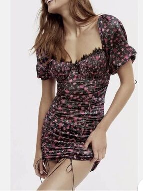 For Love & Lemons Melrose Black & Red Pink Floral Ruched Dress